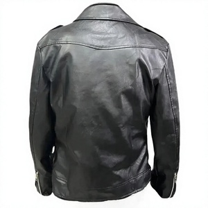 Blouson moto homme noir en cuir véritable, coupe ajustée, col rabattu, fermeture éclair, ceinture à la taille, décontracté, printemps, logo frontal - Product Image 2