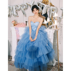 Strapless Blue Tulle Ball Gown Empire Waistline Cocktail Dress For Birthday Party Photo Shoot Adult Size - Product Image 1