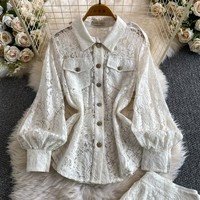 Chemise à manches longues à sequins pour femmes, pantalon évasé en dentelle haut de gamme, ensemble deux pièces