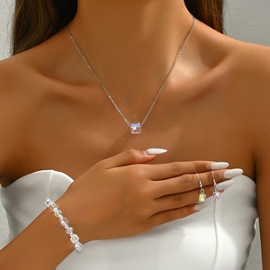 Fashionable and unique jewelry <b>set</b> with square glass crystal <b>bracelet</b>, simple earrings, and elegant necklace for women. - Product Image 1