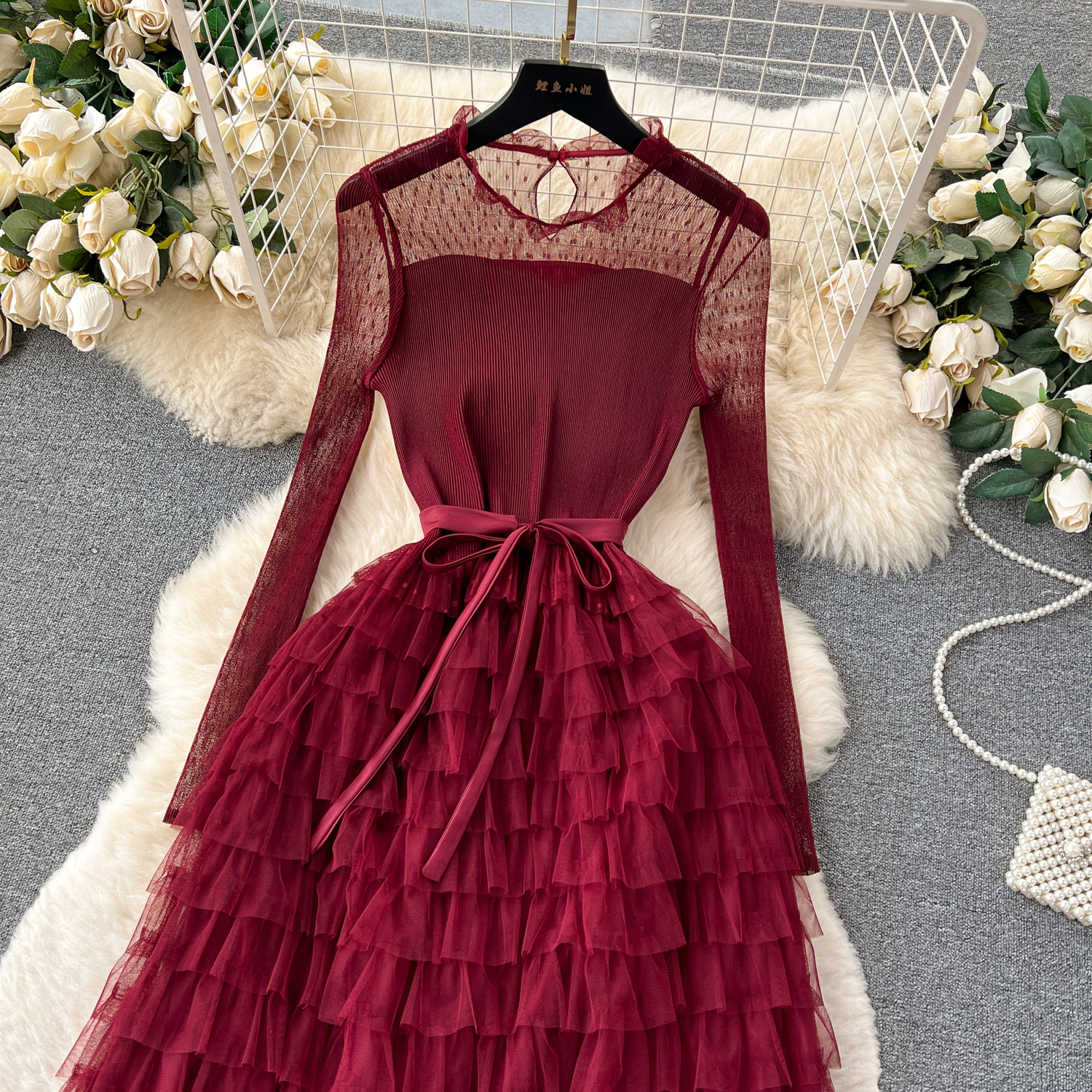 Fall Fairycore Tunic Bandage Ruffle for Women Empire Patchwork Mesh Dress  Burgundy| Alibaba.com