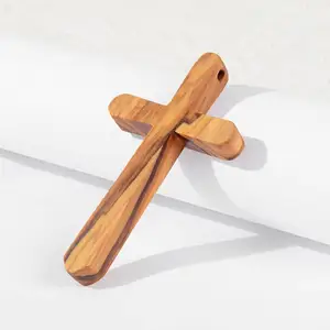 Rustic OliveWood Cross Pendant Necklace Hand Carved Wooden Cross Necklace Religious Wooden Pocket Cross