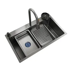 Grifo de cocina Lavabo Fregadero Hecho a mano Nano Acero inoxidable Lujo 304 Cocina cuadrada Nano Fregadero Negro JY