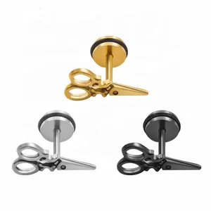 Fashion Punk Stainless Steel Jewelry Gold Plated Scissors Stud Earrings for Men Women