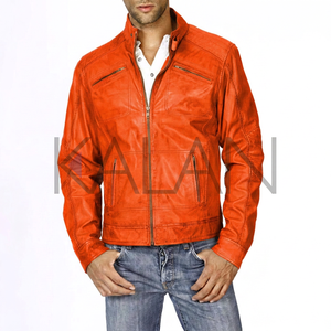 High Quality Light Brown Waxed Sheep Skin Leather Jacket for Men KLJM2 Washed Style 100% Cotton Canvas <b>Stand</b> Collar Four Front - Product Image 6