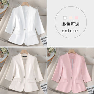 Women's Summer Thin Blazer Champagne Color Three Quarter Sleeve Solid Cotton Breathable Casual Suit Jacket - Product Image 4