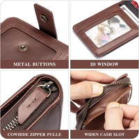 Dompet Kulit Asli Aarons dengan Resleting-02 RFID Blocking Kapasitas Besar Vintage untuk Pria dengan Kantong Koin dan Jendela ID