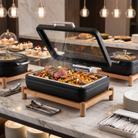 Plat de service rectangulaire professionnel en acier inoxydable, ensemble chauffe-plats de luxe avec base en bois pour hôtels