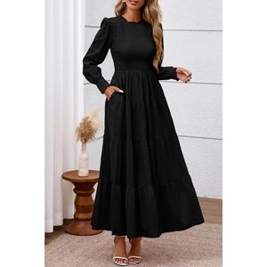 Robe de soirée décontractée longue à manches longues pour femme PRETTYGARDEN Automne 2025, col smocké à volants superposés en pois suisses, fluide pour mariage - Product Image 2