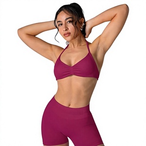 Deneze Sports Summer Women's Solid Breathable Halter Neck Spandex Seamless <b>T</b>-<b>shirt</b> Shorts Outdoor Running Training <b>Yoga</b> - Product Image 3
