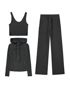 Solid Hooded Yoga Suit Women's Slimming Breathable 3 Piece Set Slim-fit Jacket + Long High Waist Drawstring for Wide-leg Pants - Product Image 2