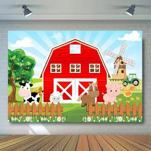 Fondo de granja roja para niños, Fondo de fiesta de dibujos animados, animales de granja, fiesta de cumpleaños, foto, temática de granja, mesa de pastel