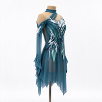 Robe de patinage artistique vert turquoise pour enfants et adultes, à épaules dénudées, manches longues en maille, dos orné de feuilles en strass, pour compétition et spectacle de patinage sur glace