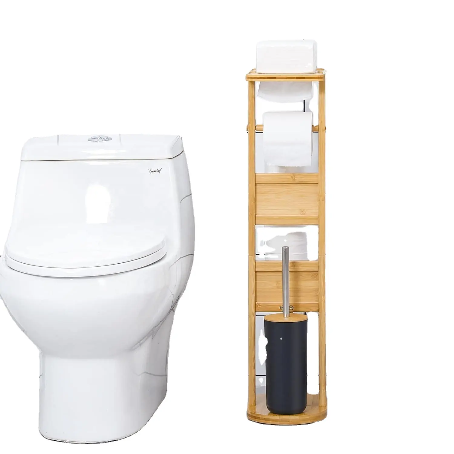 Tuvalet fırçası ile çok amaçlı banyo bambu tuvalet rulo kağıt havlu tutucu, telefon standı