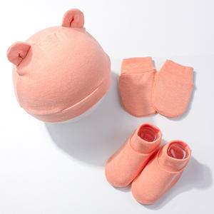 Topi janin baru lahir, sarung tangan Anti gores dan penutup kaki tiga buah Set topi telinga beruang bayi baru lahir kombinasi - Product Image 5