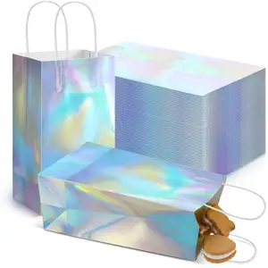 Individuelle schillernde Papiertasche als Geschenk mit Griff wiederverwendbare Partyzubehör holografischer Glitzer-Papiertüte aus Folie Handtasche Zucker süßigkeiten-Tasche