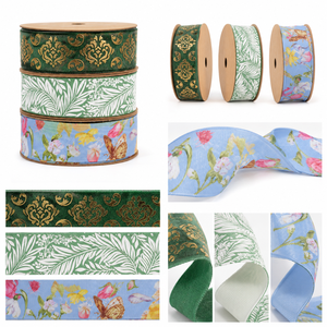 Bohemian <b>Botanical</b> Leaf <b>Printed</b> Ribbon Green White Grosgrain Ribbon for Clothing Curtain Decor - Product Image 6