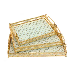 2024 Hot Sale Golden Serving Decorative Square Tray Metal Gold Design Trays For Wedding Party