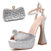 Sandales à talon bloc compensé et bout ouvert avec strass pour femme, grande taille, à talon aiguille, avec bride cheville, et pochette assortie – Ensemble élégant à talon très haut