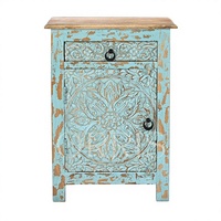 Table de chevet moderne en bois massif avec incrustations – Motifs tribaux géométriques en bois de manguier fabriqués à la main, 1 tiroir de rangement, mobilier de chambre et d'appartement