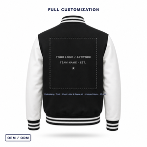 Chaqueta de Béisbol Varsity Personalizada para Hombre, Cuerpo de Lana Negra, Mangas de Cuero Blanco, Botones a Presión, Nombre del Equipo OEM - Product Image 4