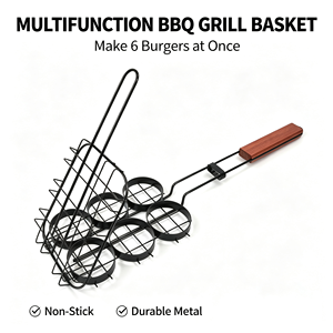 Panier de cuisson multifonctionnel pour hamburgers, antiadhésif, 6 cavités, avec poignée en bois, facile à nettoyer, pour barbecue extérieur - Product Image 2