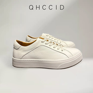 QHCCID Men's White <b>Leather</b> <b>Sneakers</b> Breathable Rubber Outsole Mid Heel Casual Walking Shoes - Product Image 4