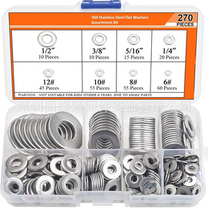 304 Stainless Steel Flat Washers Assortment Kit 270pcs American Standard Sizes for Mechanical Use - Product Image 1