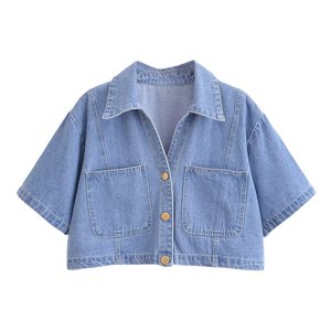 Blusa de Mezclilla Azul Casual para Mujer, Estilo Vintage con Botones, Cuello Camisero, Manga Corta, para Verano - Product Image 2
