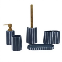 Ensemble d'accessoires de salle de bain en résine, 5 pièces, bleu marine et blanc, rayures verticales, kit d'accessoires de bain, poignée aspect bois, décoration pour hôtel et maison