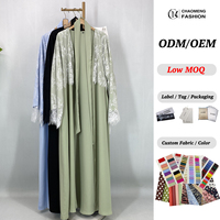 Abaya élégante en dentelle OEM ODM pour femmes musulmanes, abaya en tissu Nida avec manches en dentelle, ensemble complet avec hijab en mousseline douce (1485)