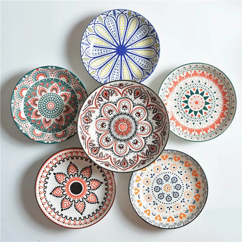 Bohemia Spot Ceramic Dinnerware Dishes Plates Microwave Dish Plate Round Shape Hand Painted Plates