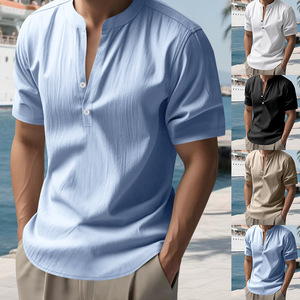 Men's Light Sleeve V-Neck Cotton Poplin Casual Shirt Regular Fit Solid Color Breathable Woven Fabric T-shirt - Product Image 4