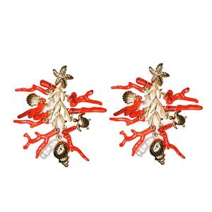 Fashion <b>Drop</b> <b>Earrings</b> 316L Stainless Steel PVD Gold Plating Sustainable Resistant <b>Red</b> Coral Design Starfish Turtle Shell Charm - Product Image 1