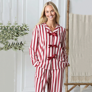 Beefey Nuovi Arrivi Vendita Calda Elegante Set Pigiama da <span class=keywords><strong>Donna</strong></span> con Maniche Lunghe e Pantaloni Scollo a V Vita Elastica Traspirante con Fiocco Frontale Confortevole - Product Image 1