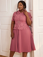Robe de bureau plissée en dentelle à col rabattu, style péplum, coupe trapèze, avec ceinture