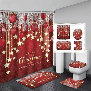 Red Christmas Ornament Stars Polyester Shower Curtain Bathroom Curtain Digital Print Custom Print Waterproof Bulk Wholesale - Product Image 1