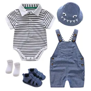 0 24 Months Baby Blue White Newborn Bibs Suit with Sunscreen Bucket Hat Shoes Boy Birthday Party Clothes for Baby Boy Outfit Sui