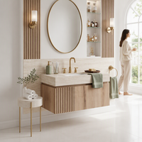 Set Kabinet Kamar Mandi Modern dengan Wastafel Keramik dan Cermin LED, Dilengkapi Penyimpanan Dinding untuk Hotel