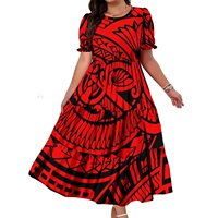 Nouvelle robe longue maxi à volants, coupe ajustée personnalisée, motif tribal des îles du Pacifique, manches courtes bouffantes, col rond, pour femme