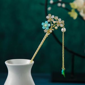Bâtonnet à cheveux vintage de style chinois avec perles et fleurs, pour femmes, en métal, orné de strass, épingle à cheveux, bijou fantaisie - Product Image 6
