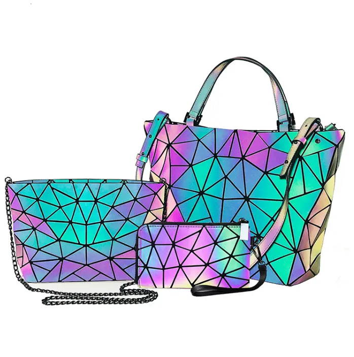 2021 New Fashion 3 PCS Set Brand girls Shoulder Purse Reflective Ladies Luminous Geometric Women Hand Bag