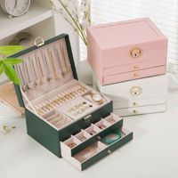 Boîte à bijoux rectangulaire grande taille à 2 niveaux avec serrure pour femmes, rangement pour bagues, boucles d'oreilles, colliers, en cuir PU