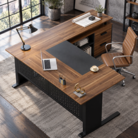 Bureau de direction en forme de L avec structure en acier et finition bois, avec armoire de rangement intégrée, idéal pour les projets professionnels (vente en gros)