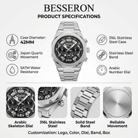 Montre-bracelet chronographe squelette de luxe à quartz avec bracelet en acier inoxydable, fermoir papillon simple, étanche 5 ATM, 42 mm, unisexe