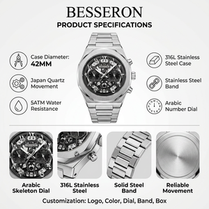 Montre-bracelet chronographe squelette de luxe à quartz avec bracelet en acier inoxydable et fermoir papillon simple pour une étanchéité quotidienne de 5 ATM - Product Image 3