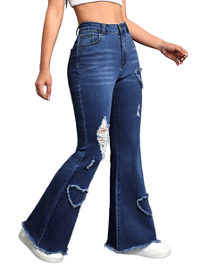 YUANBOFEI Nouvelle Collection <span class=keywords><strong>Jean</strong></span> Évasé en Denim de Haute Qualité pour <span class=keywords><strong>Femme</strong></span>, Style Vintage Délavé, Effet Délavé, Ourlet <span class=keywords><strong>Brut</strong></span> et Découpes Cœur - Product Image 3
