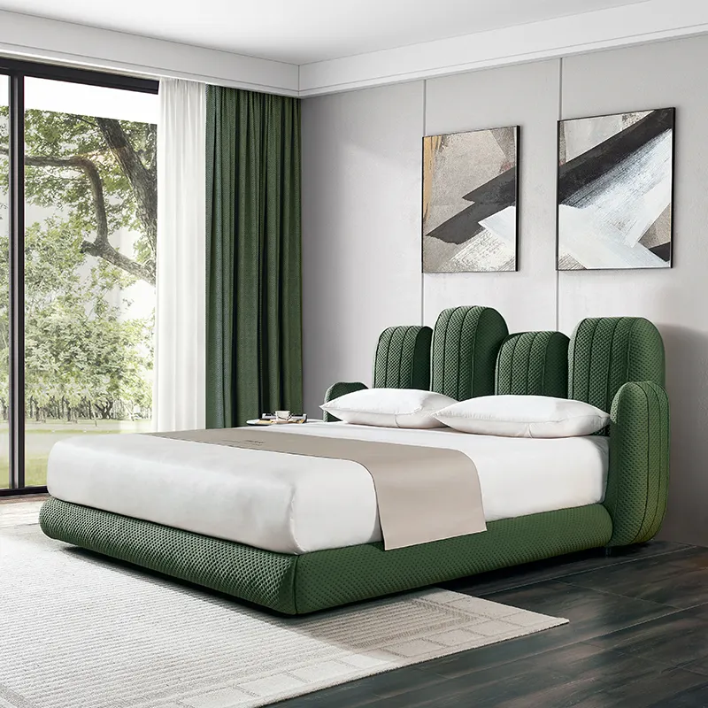 เฟอร์นิเจอร์ห้องนอนกระบองเพชรสีเขียว เตียงที่แข็งแกร่งและทนทาน ขนาดเต็ม / ควีนไซส์ โครงเตียงหุ้มผ้าแบบกําหนดเอง