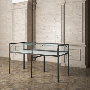 Vitrine de musée en fer 180x80x105cm, cadre en métal noir avec dessus en verre et 8 spots LED pour tables de présentation - Product Image 1