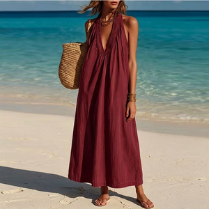 Vestido Elegante de Lino y Algodón sin Mangas con Cuello en V para Mujer, Cómodo para el Uso Diario, Personalizable OEM/ODM - Product Image 2